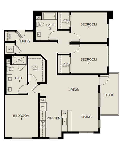 Floor plan for 3 beds, 2 baths, 1349 sqft